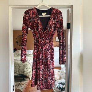 Maeve by Anthropology Red Paisley Long Sleeve Wrap Dress